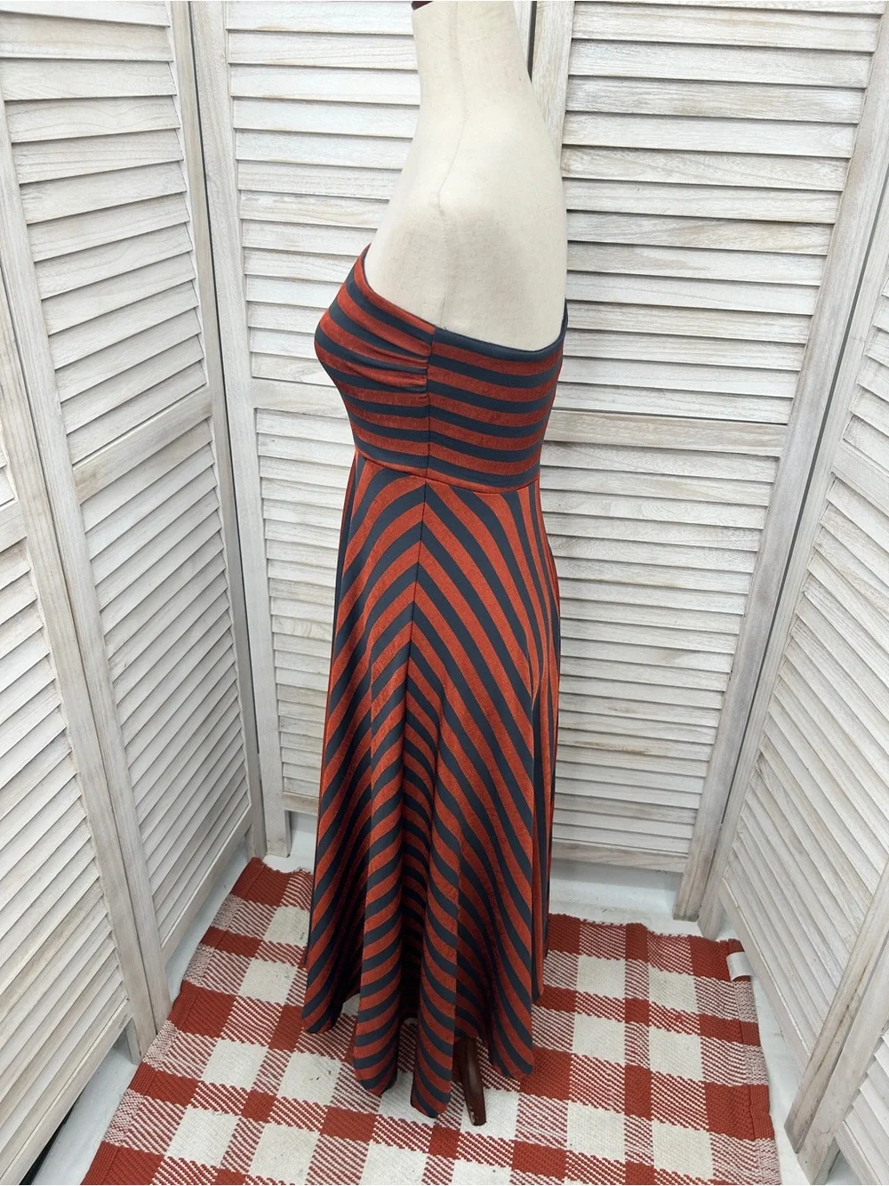 Strapless A-Line Midi Dress in Rust and Navy Stripes